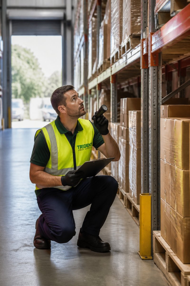 A licensed pest control technician in a hi-vis vest inspecting a pallet racking aisle inside a clean Western Melbourne warehouse, torch and clipboard in hand, daylight coming through a roller door