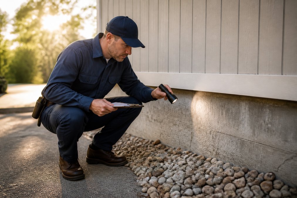 Licensed pest control technician conducting professional property inspection, examining exterior foundation cracks and entry points with clipboard and flashlight, morning sunlight illuminating inspection areas