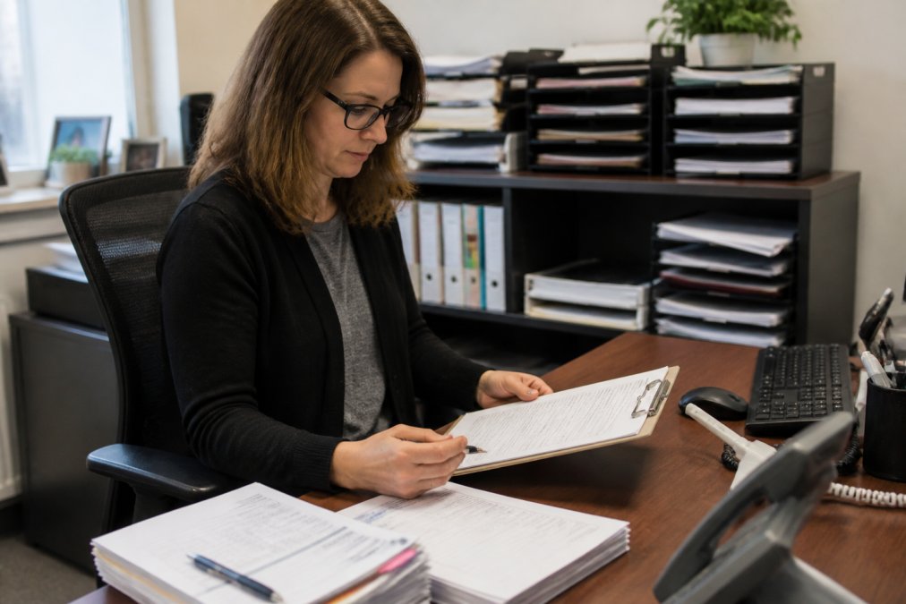 Property manager reviewing detailed pest control service records and documentation at desk with clipboard, computer, and organized filing system in professional office setting