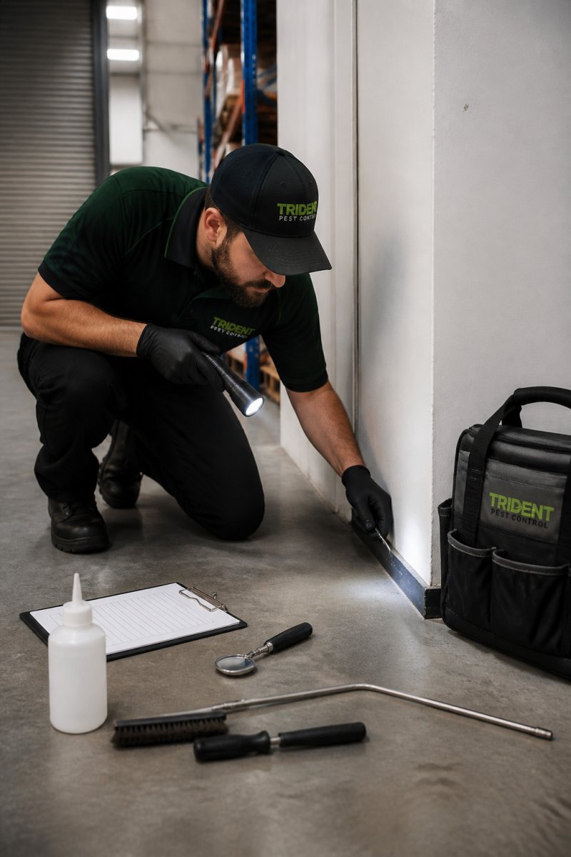 Professional pest control technician in uniform conducting thorough inspection of commercial property corner, checking baseboards and entry points with professional equipment in bright warehouse setting