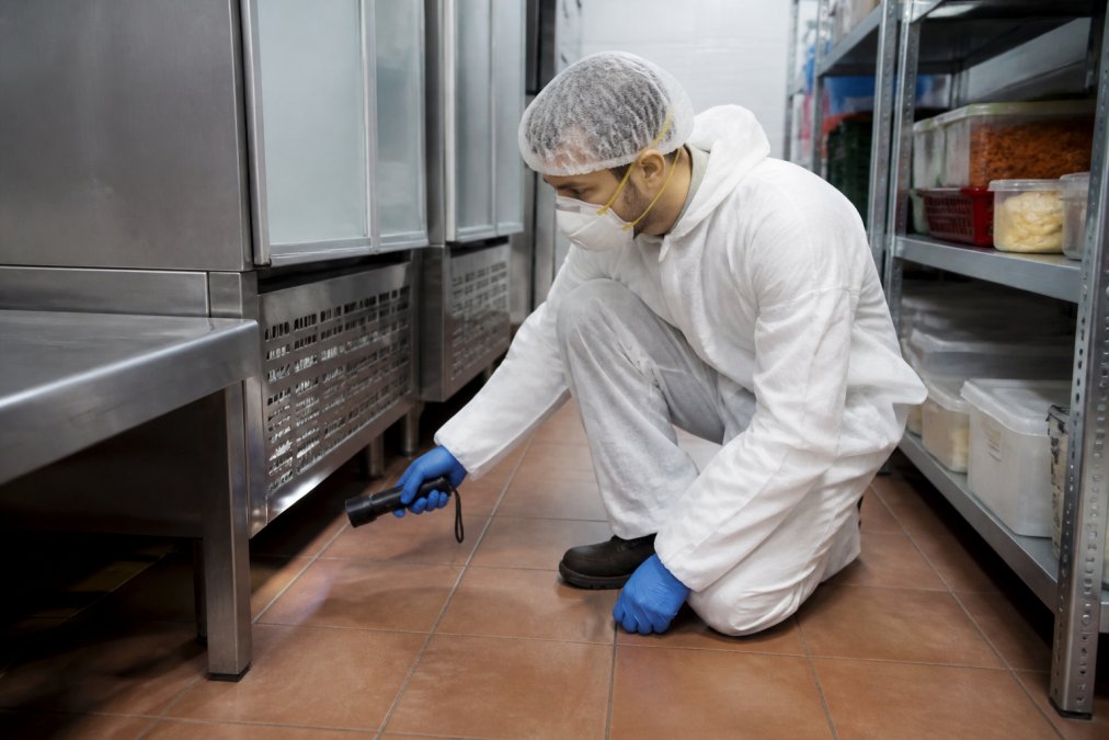 Professional pest control technician in protective equipment conducting inspection inside commercial kitchen, checking behind refrigeration equipment and storage shelves with handheld monitoring device