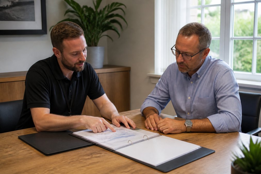 Qualified pest control technician reviewing detailed maintenance plan documentation with business owner in professional office setting, both examining records with natural window lighting