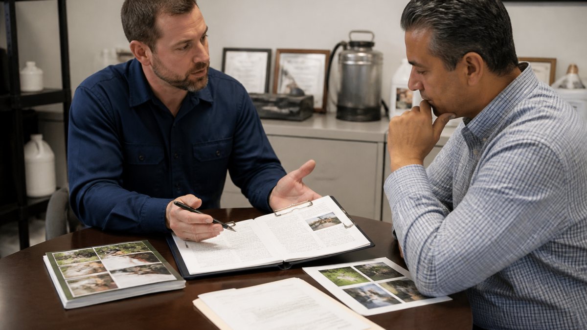 Property manager reviewing pest control service documentation and contract terms at a desk with a contractor representative presenting materials and discussing service options