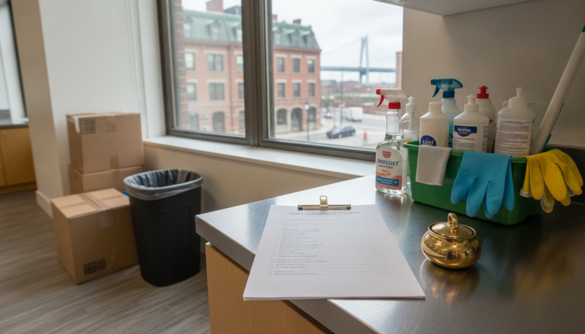 A property manager in business casual attire holding a clipboard and reviewing a printed checklist while walking through a clean, well-lit modern office building corridor with polished floors and glass-walled conference rooms