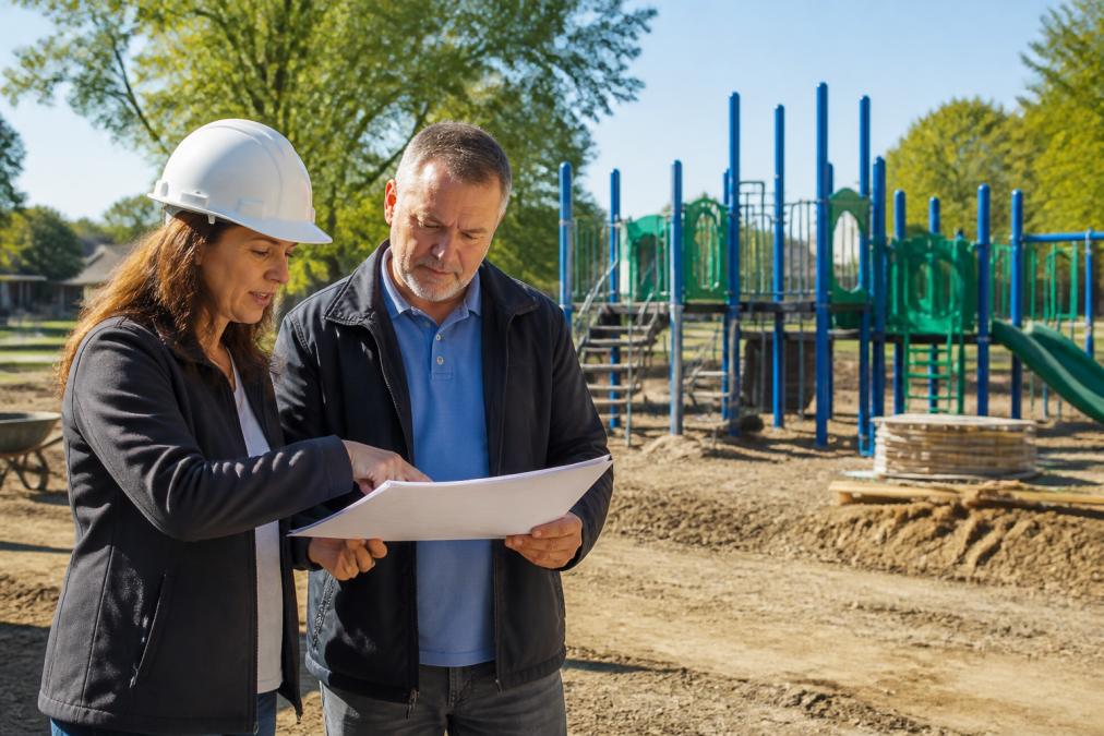 A certified playground consultant and a school administrator reviewing 3D playground design renderings on a tablet at an outdoor construction site, with a partially installed play structure visible in the background