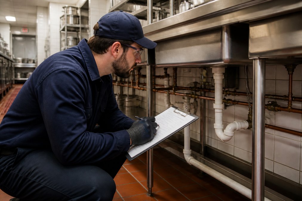 Plumber in safety gear reviewing a commercial plumbing checklist under a restaurant kitchen sink