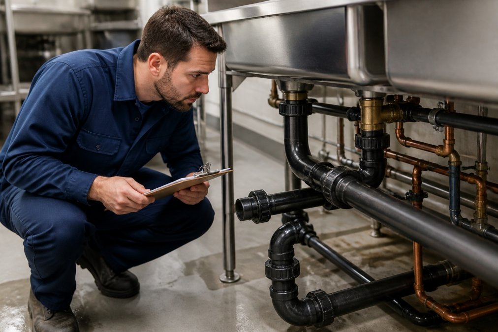 A licensed plumber in a blue uniform crouching beside a large commercial pipe assembly under a utility sink in a commercial facility, holding a clipboard and closely inspecting pipe fittings under bright overhead lighting