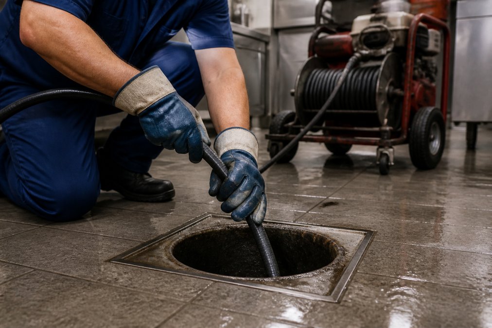 Close-up of a technician in heavy-duty safety gloves feeding a thick hydro jetting hose into a wide commercial floor drain opening, with industrial cleaning equipment visible in the background on a commercial kitchen floor