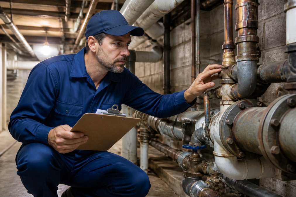 Commercial Plumbing Maintenance: A 2026 Guide 1 Licensed plumber in professional uniform inspecting commercial water pipes and connections in industrial building basement, holding clipboard and examining pipe joints under bright overhead lighting