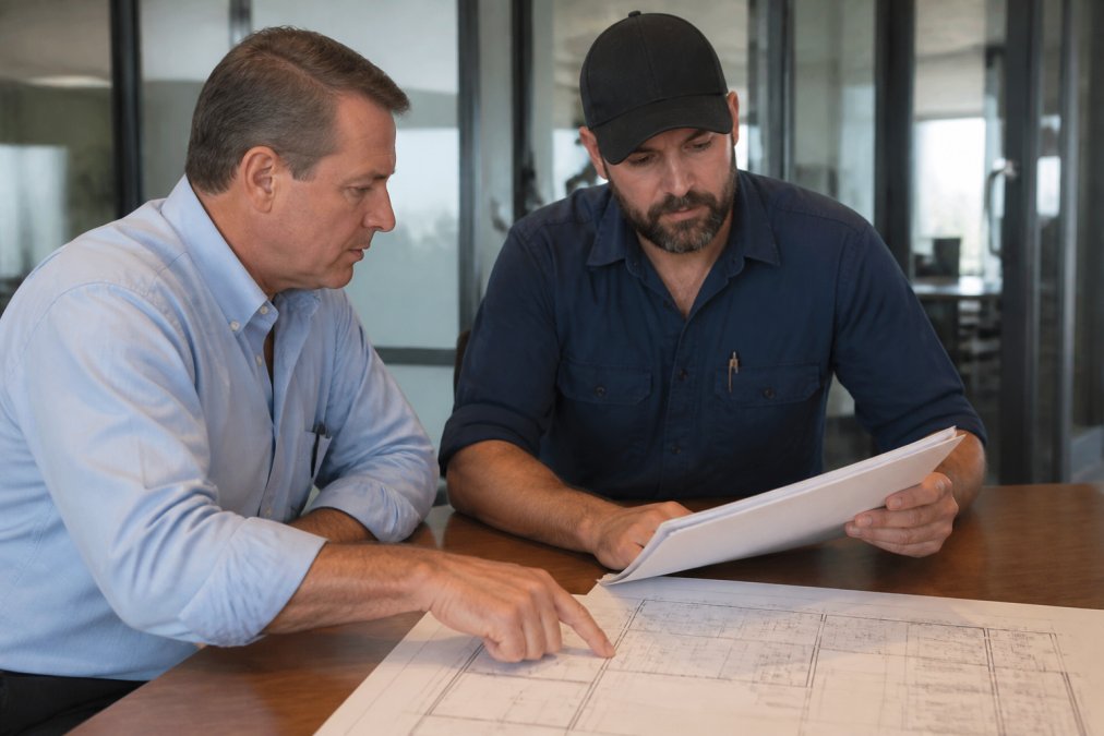 Commercial Plumbing Maintenance: A 2026 Guide 2 Commercial property manager and licensed plumber reviewing maintenance documentation and discussing facility plumbing systems in modern office with facility plans visible on desk