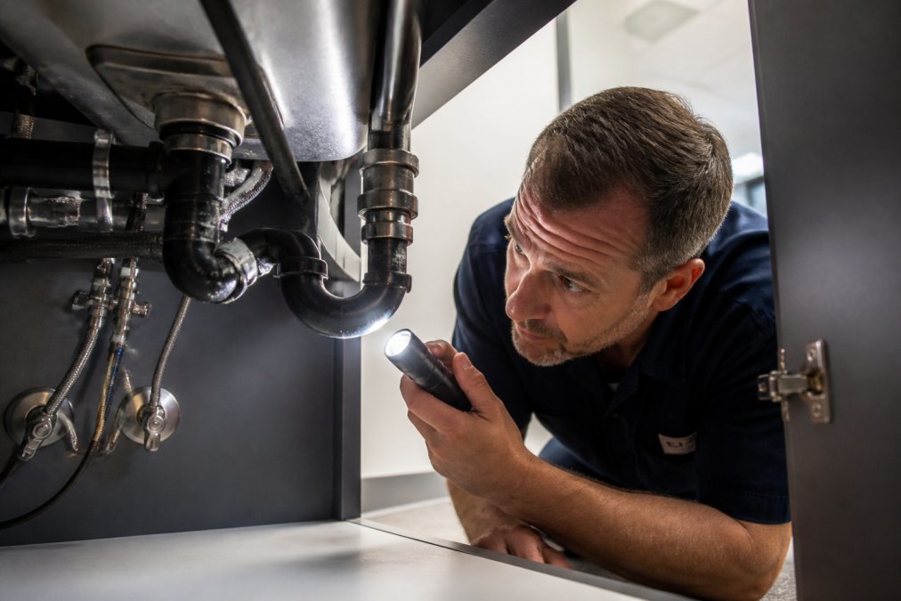 Certified plumber inspecting pipes under a commercial office sink, using a flashlight to check for leaks and corrosion in a modern office building