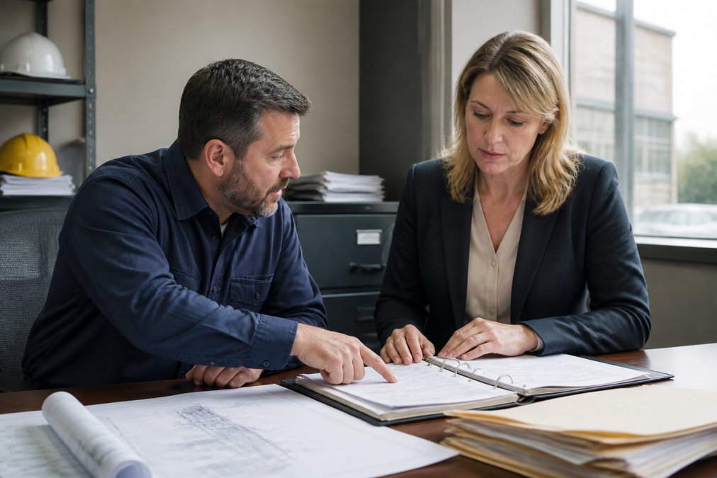 Office manager and plumber reviewing maintenance logs and inspection records at a desk with building blueprints in a professional facility management office