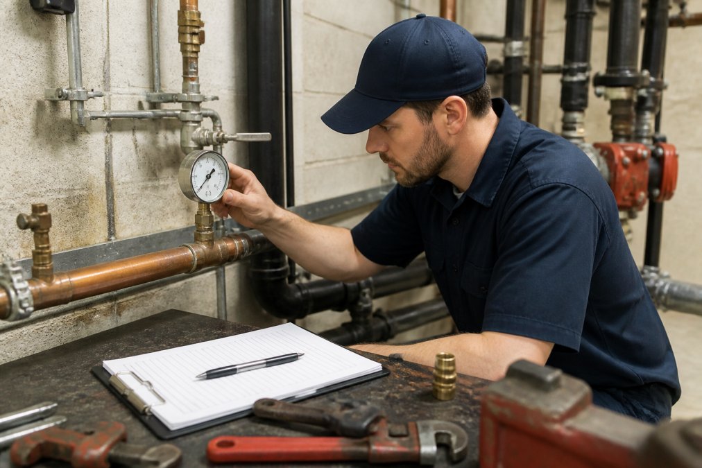 Professional plumber in uniform using a pressure gauge to monitor water pressure on exposed commercial piping in a mechanical room, with maintenance log and clipboard visible on nearby workbench