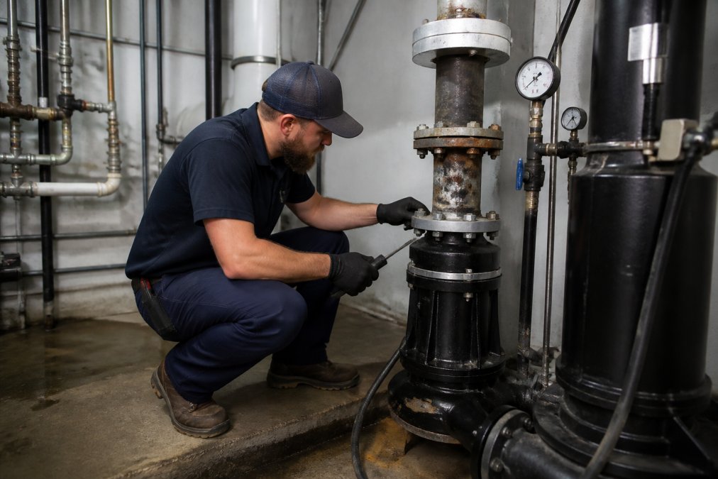 Professional plumber performing hands-on inspection of a commercial lift station pump system with gauges and control panel, checking mechanical seals and discharge valves in a basement utility space