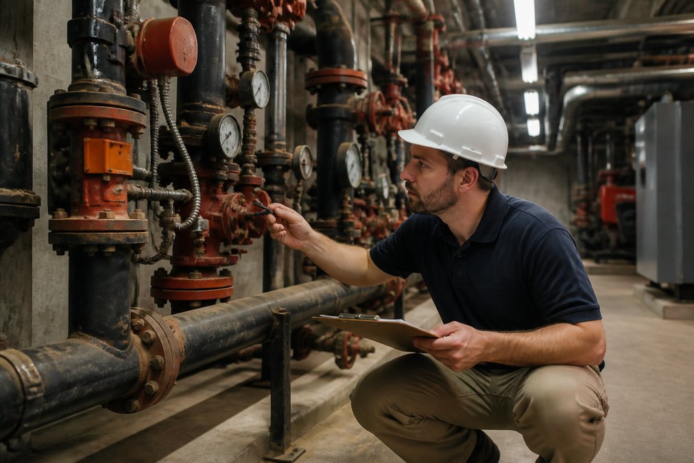 Professional plumber inspecting commercial pipes and fixtures in building basement mechanical room, checking valves and connections with clipboard and inspection tools, fluorescent lighting