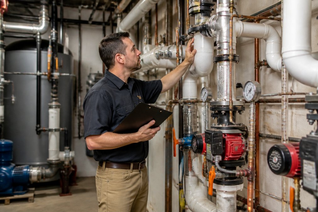 Licensed plumber conducting professional inspection of commercial plumbing infrastructure in mechanical room, holding clipboard and inspection equipment, checking pipes and valves under bright overhead lighting