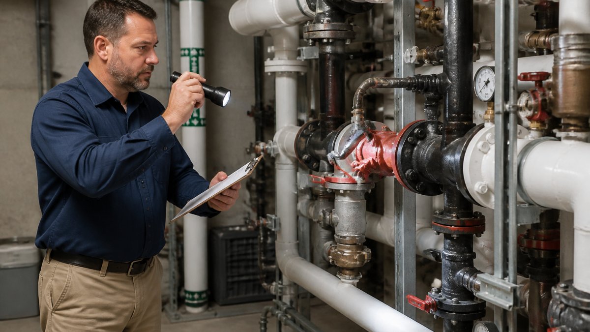 Professional property manager conducting systematic inspection of commercial plumbing pipes and fixtures in building mechanical room with clipboard and flashlight
