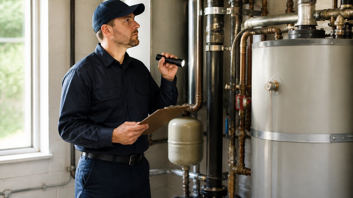 A licensed plumber in uniform inspecting pipes and a water heater in the utility room of a small commercial building, holding a clipboard and flashlight, natural light from a side window