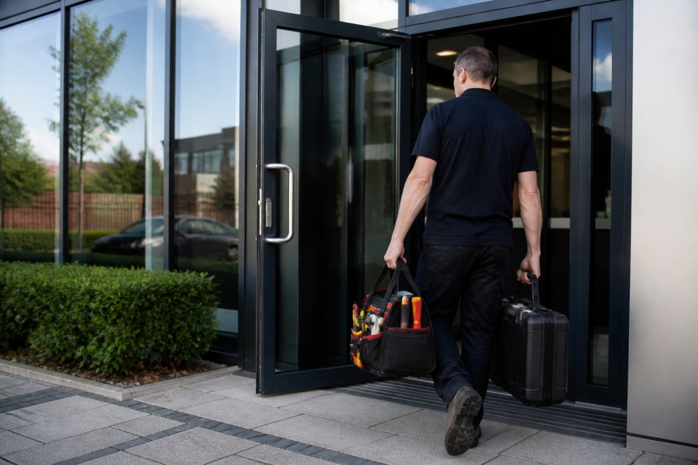 Qualified plumber in uniform carrying professional tools and equipment entering a commercial building through a glass entrance door