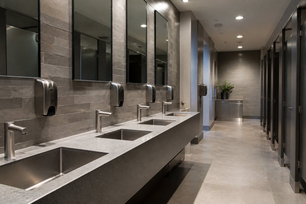 Modern commercial washroom with stainless steel fixtures, multiple sinks, and professional lighting in an office or retail setting