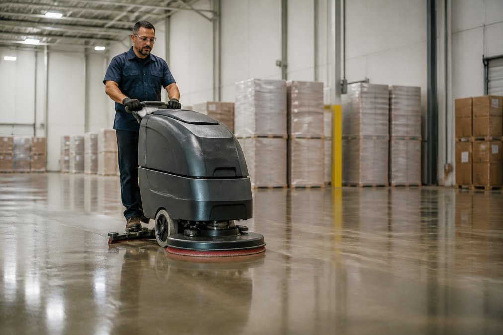 Professional facility manager operating a commercial auto-scrubber on a polished concrete floor in a modern warehouse space, demonstrating proper posture and pad pressure control with natural overhead lighting