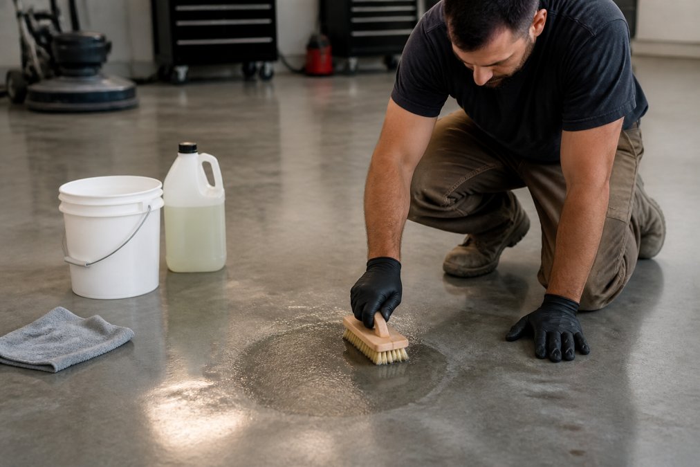 Facility worker applying diluted pH-neutral cleaner to a stained section of polished concrete flooring using a soft-bristled brush, demonstrating proper application technique with focused overhead lighting