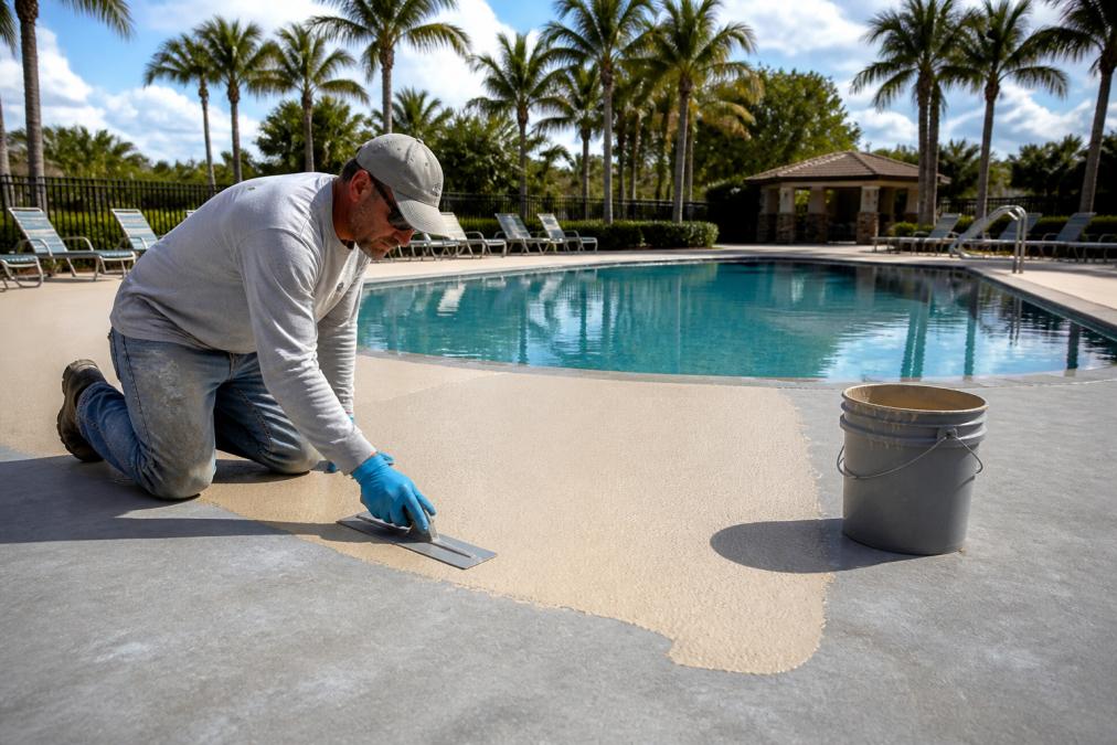A worker in safety gear applying a textured acrylic coating to a commercial pool deck surface on a sunny day, with a large resort pool visible in the background