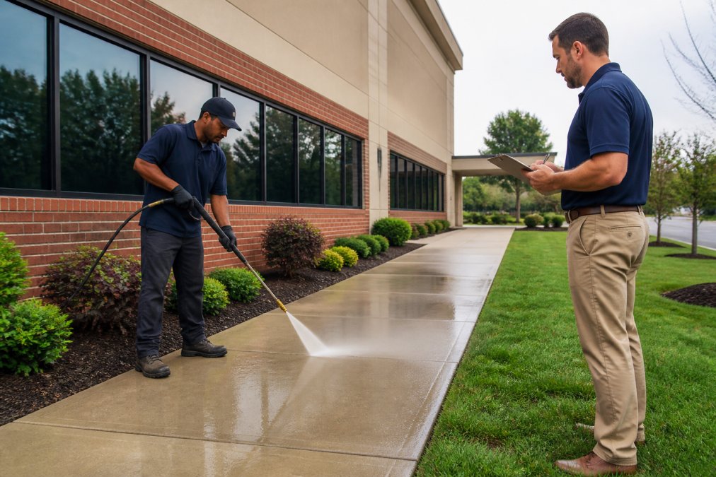A commercial building exterior with a professional pressure washing technician in safety gear cleaning a sidewalk, with a facility manager observing and taking notes nearby