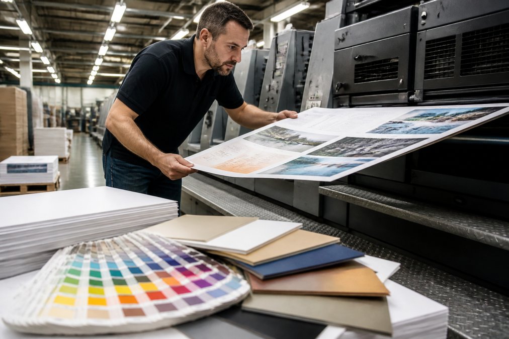 A print production manager in a commercial print shop inspecting a large offset press sheet under bright overhead lighting, with paper stock samples and color swatch books visible on a nearby table