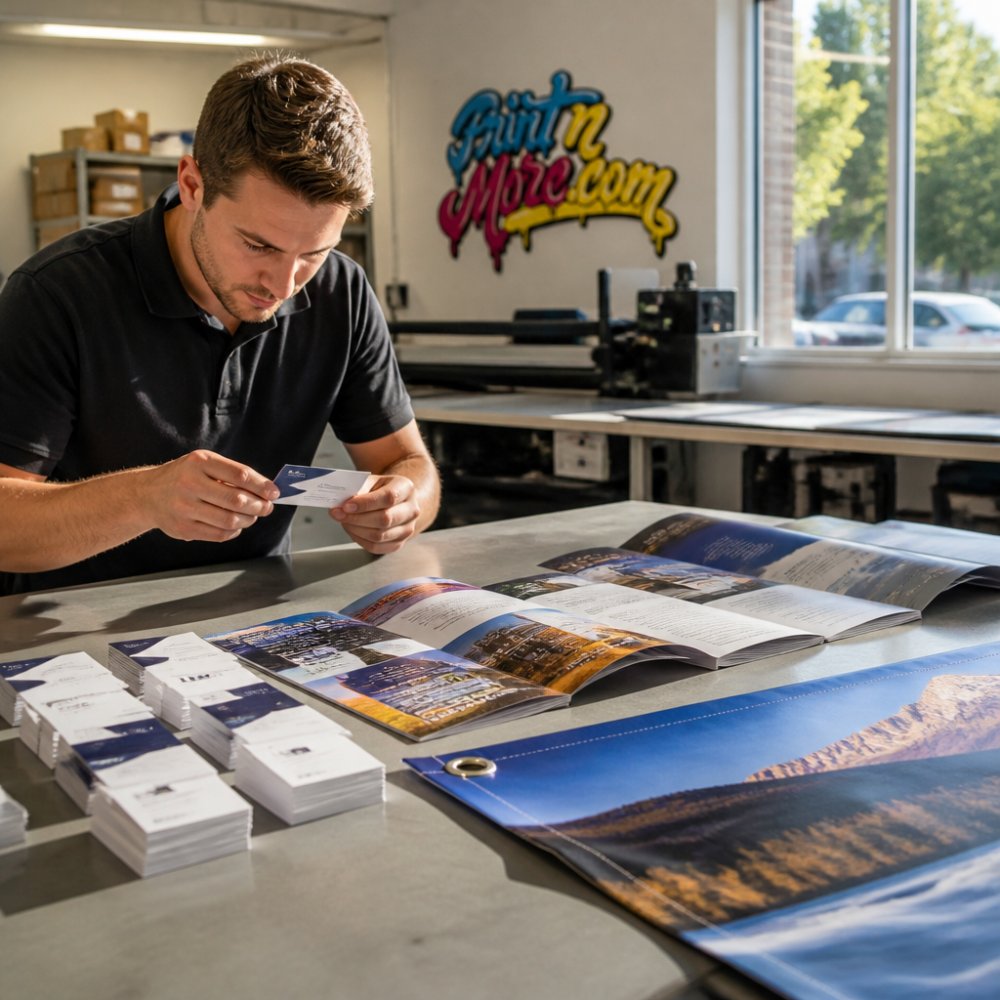 Print shop employee carefully inspecting finished business cards, full-color brochures, and vinyl banners arranged on a quality control workstation, with natural light streaming across samples