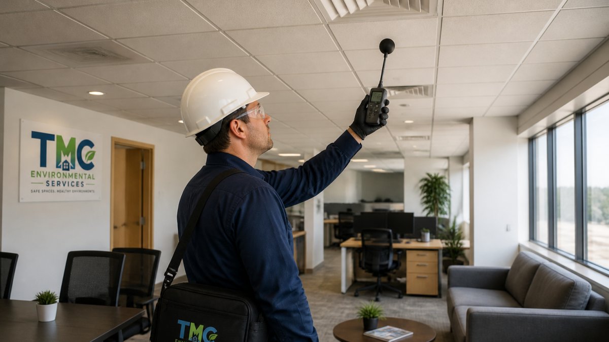 A professional inspector in safety gear using a handheld air quality monitor inside a modern commercial office space, with visible HVAC vents and office furniture in the background