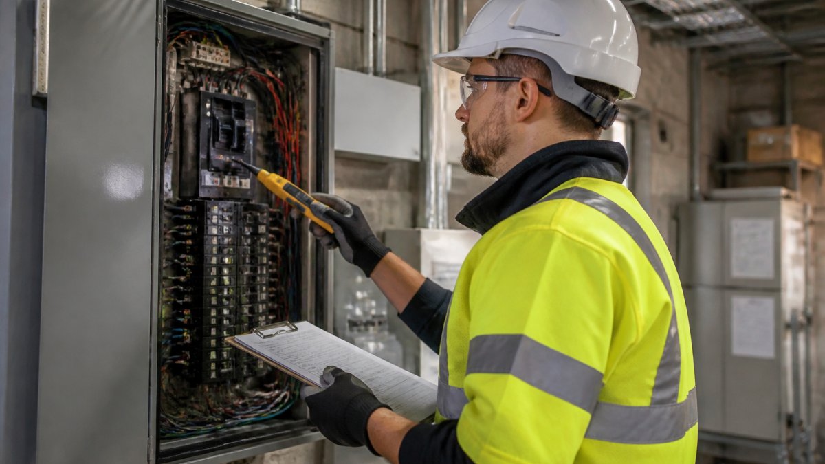 A licensed electrician in safety gear inspecting an open commercial electrical panel with a clipboard and voltage tester in a mechanical room