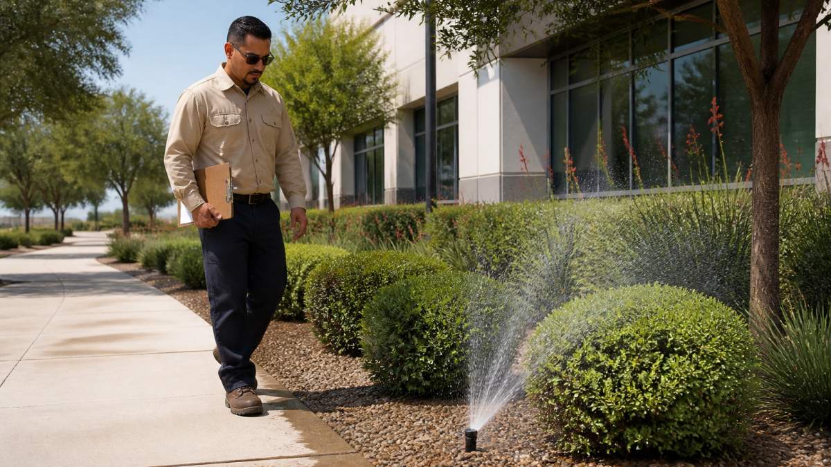 Property manager inspecting irrigation heads as part of an exterior maintenance checklist on commercial grounds