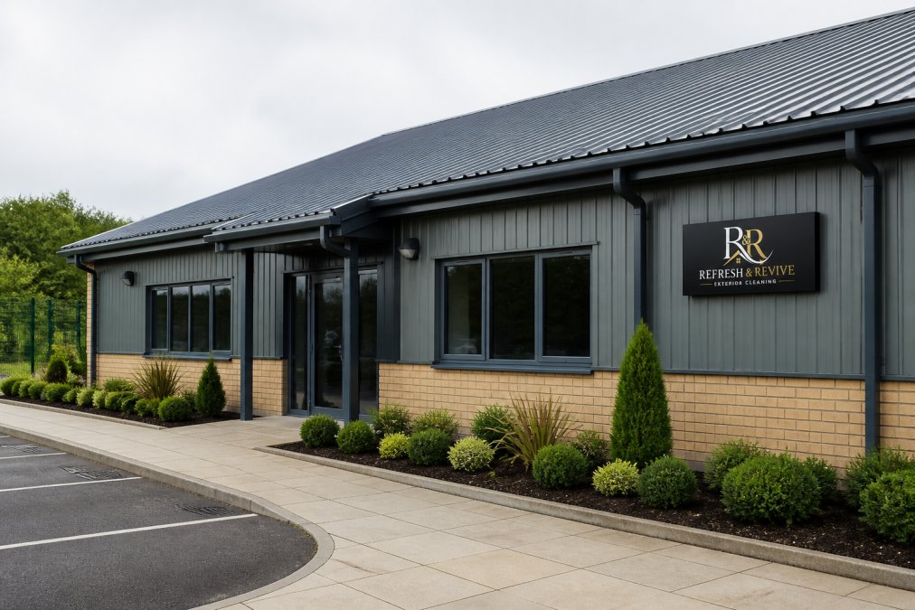 Commercial building exterior displaying clean, well-maintained roof with clear gutters, professional siding in good condition, and landscaped grounds with defined hardscaping areas
