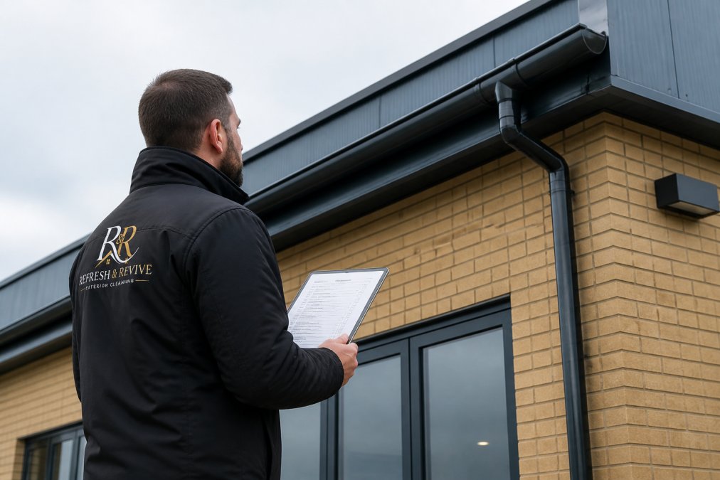 Facilities manager reviewing exterior maintenance documentation and checklist on a tablet while standing outside a commercial building, examining the roof line and gutters