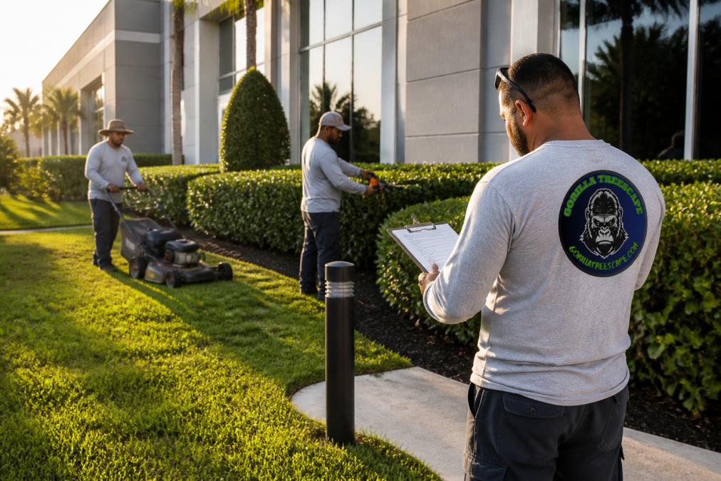 A commercial landscaping crew mowing and trimming hedges around a modern office building, with a supervisor holding a clipboard checking off tasks in late afternoon light
