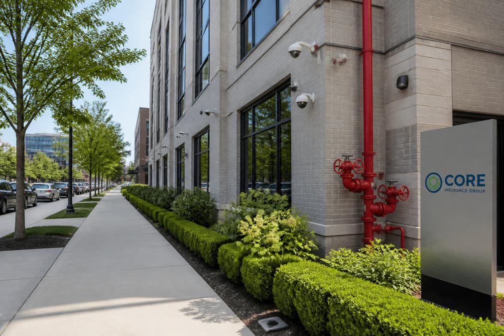Commercial building exterior with visible fire protection systems, security cameras, and well-maintained property in a business district