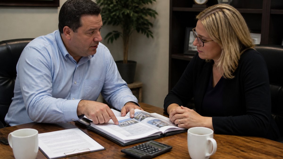 A small business owner and an insurance advisor reviewing a property valuation report and policy documents at a desk in a modest office, with a calculator and coffee cups visible