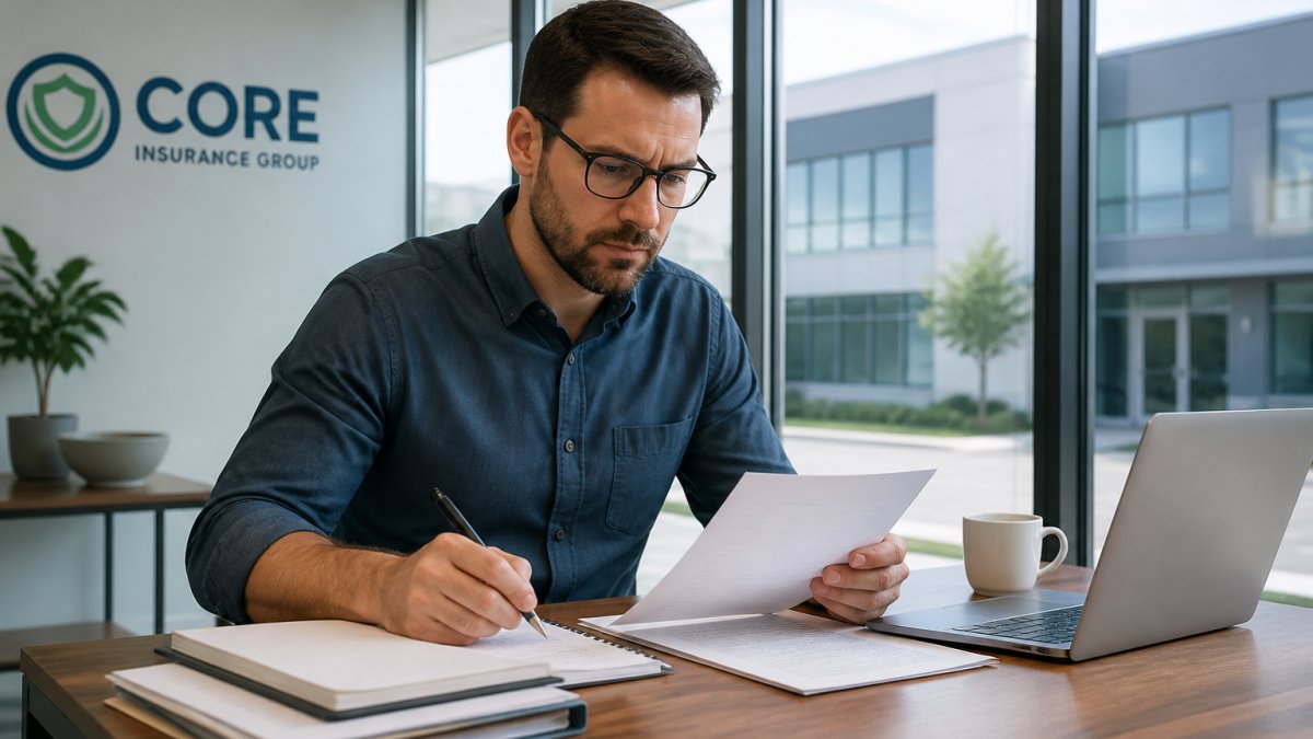Business owner reviewing documents from commercial property insurance startups at a modern office desk