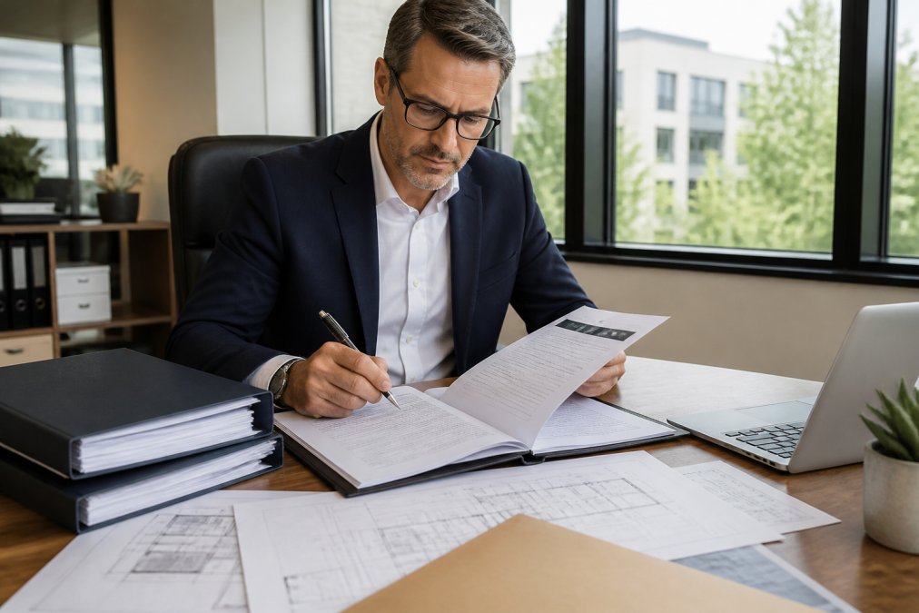 Commercial property manager in business attire reviewing insurance policy documents and property details at desk with laptop, multiple policy folders, and building blueprints under natural office lighting