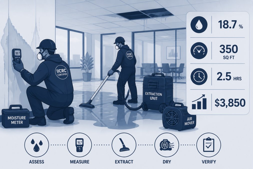 IICRC-certified restoration technicians in protective equipment assessing water damage in commercial office space with moisture meters and extraction equipment, professional lighting showing damage assessment in progress