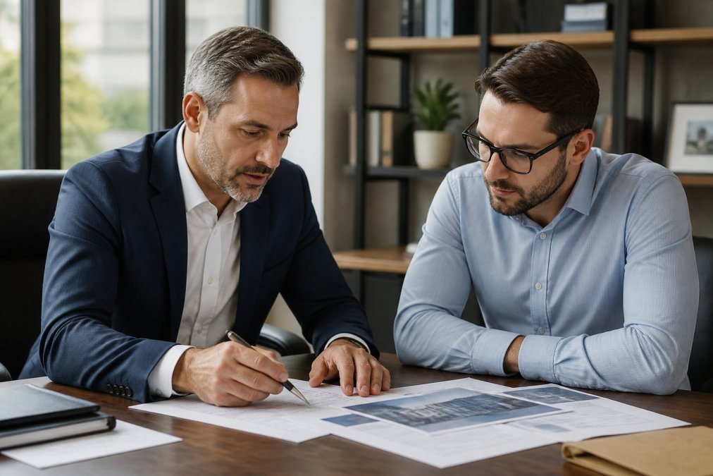 Real estate professional reviewing commercial property loan rates documents and property appraisal with a client across a desk in a modern office setting with natural lighting