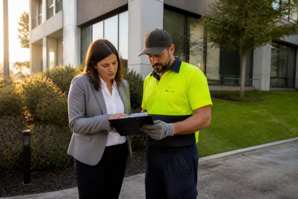 Property manager and contractor reviewing maintenance documentation on a commercial property site