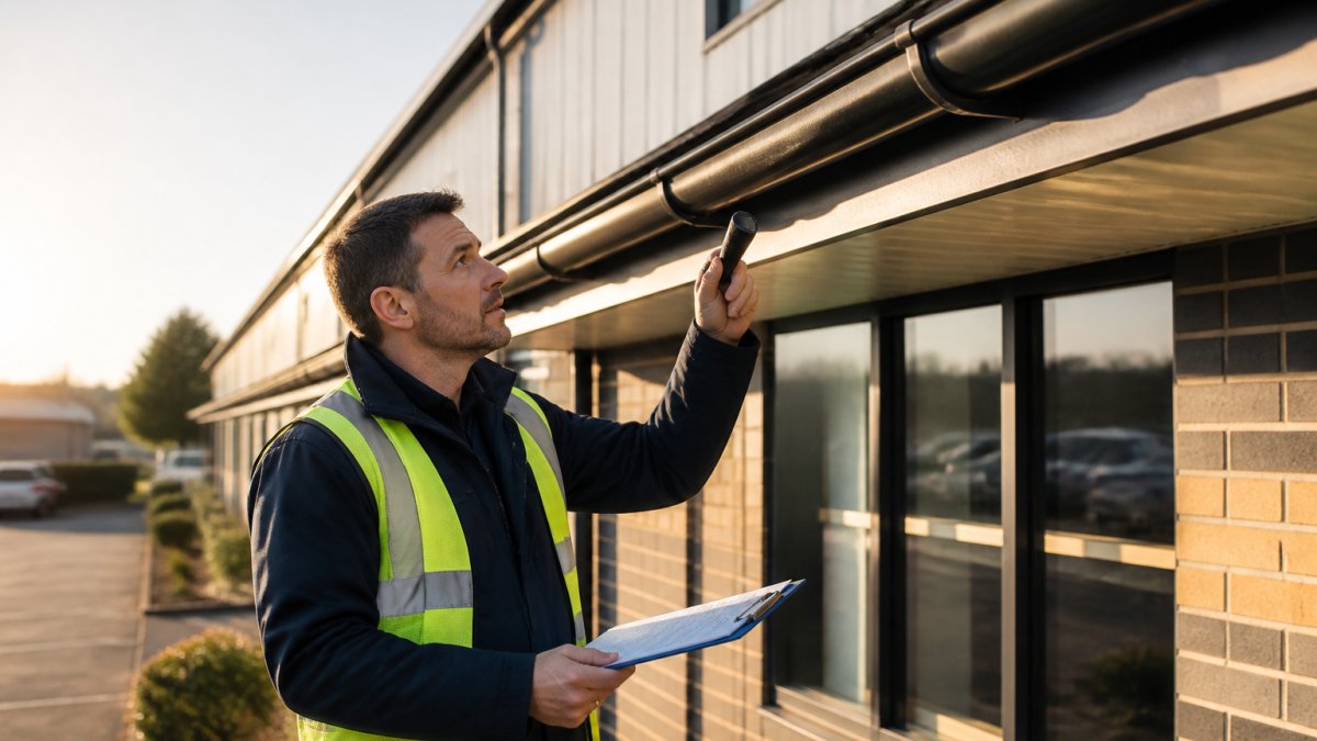 Professional property manager inspecting commercial building exterior, checking roof gutters and structural elements with clipboard and torch in daylight