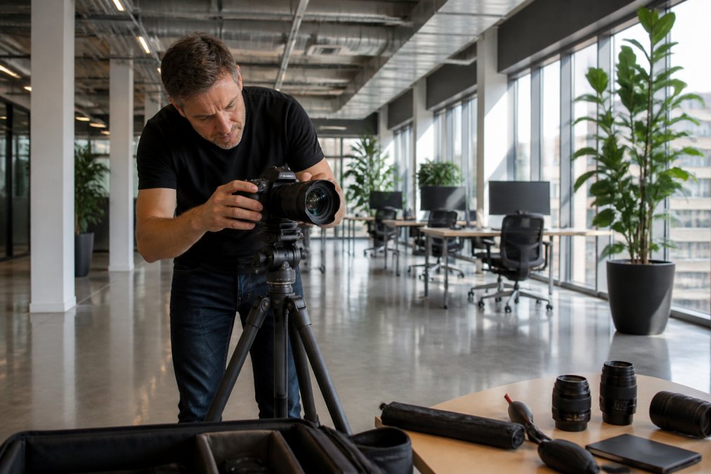 Photographer adjusting a tripod in a bright office for commercial property photography