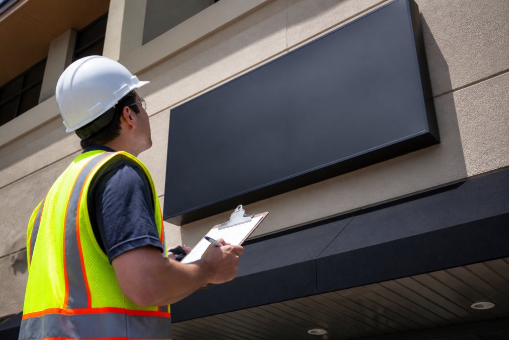 Signage installer checking storefront sign hardware to ensure signage compliance during a site inspection