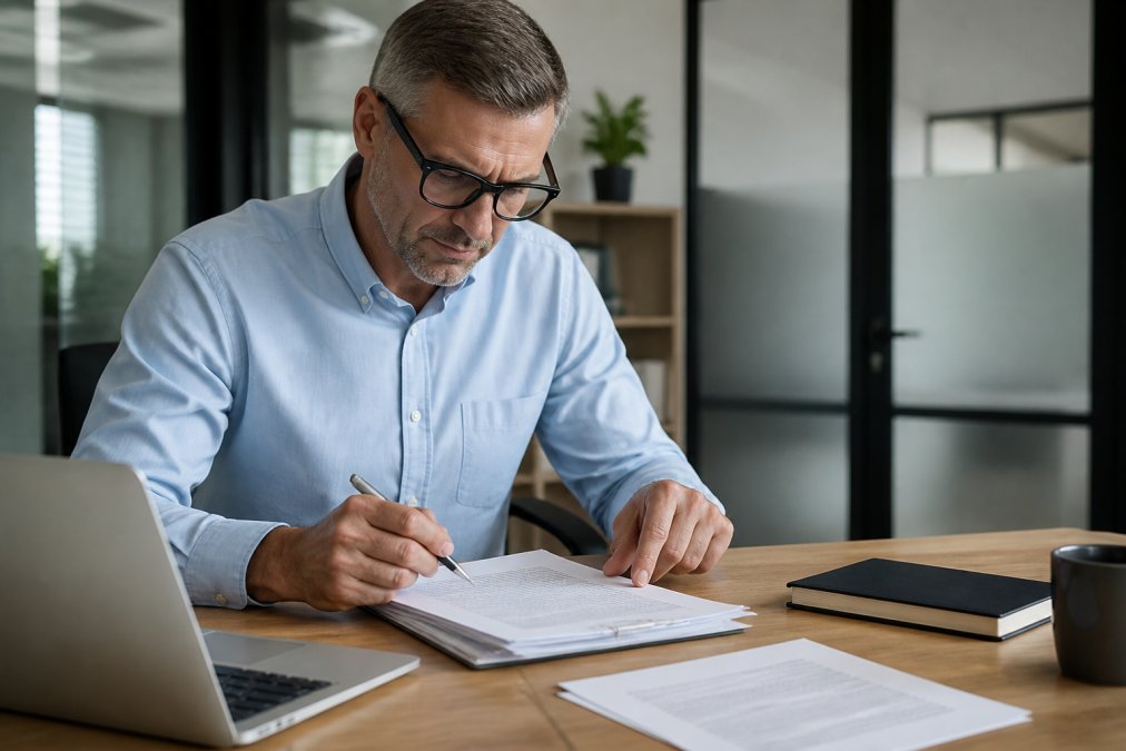 Business owner reviewing insurance documents and policies at desk with laptop, pen, and coffee cup in modern office setting
