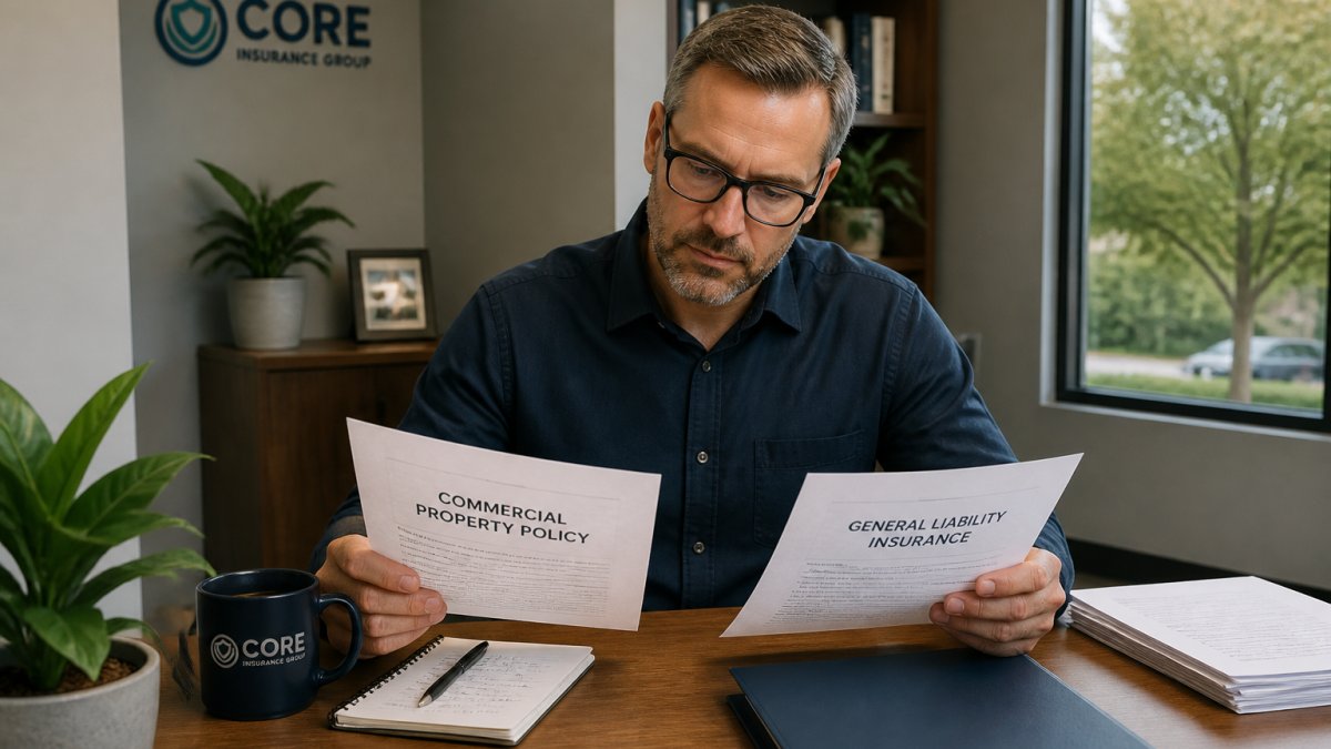 Small business owner reviewing insurance documents and commercial property policy at desk with laptop and coffee cup in modern office setting