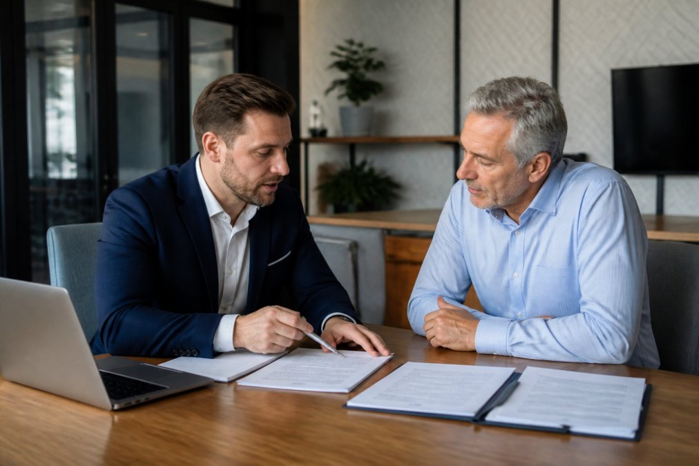 Professional insurance agent meeting with small business owner in modern office discussing policy options with documents and laptop on table