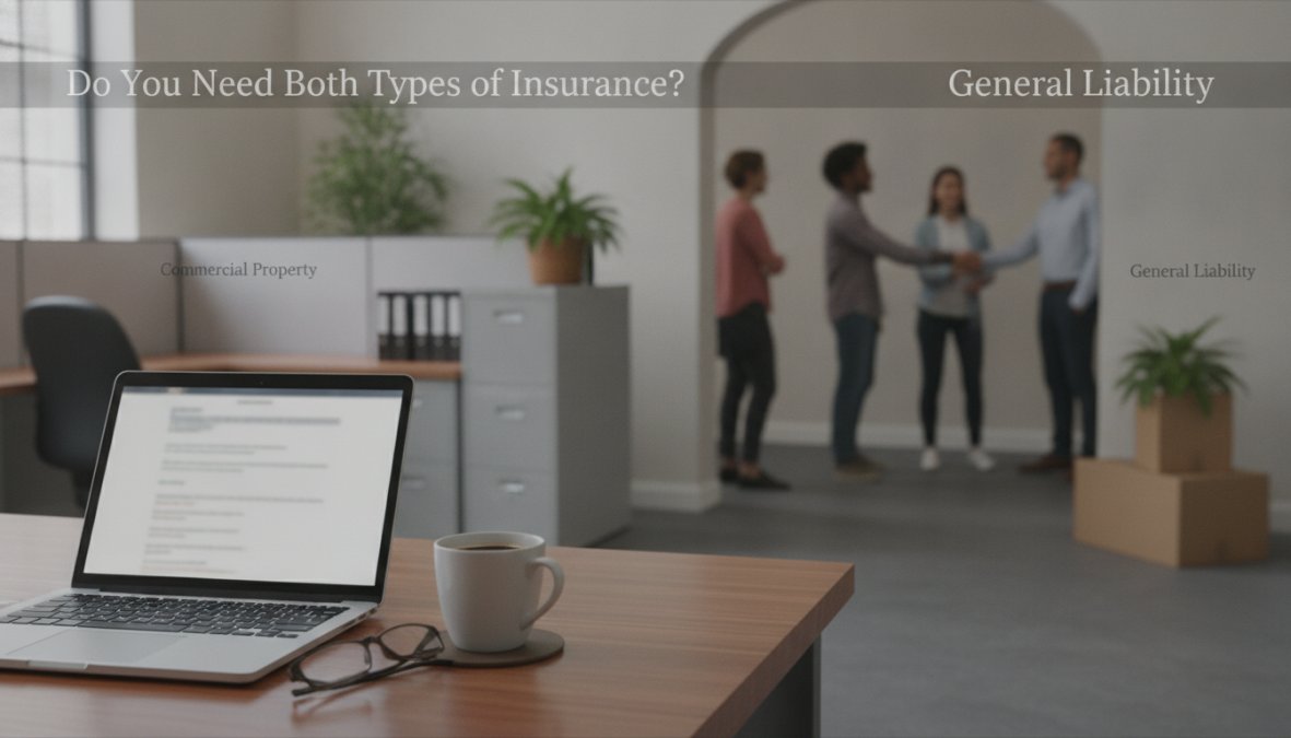 Business owner in a professional Las Vegas office setting reviewing insurance policy documents spread across a desk, laptop open beside a coffee cup, natural window light
